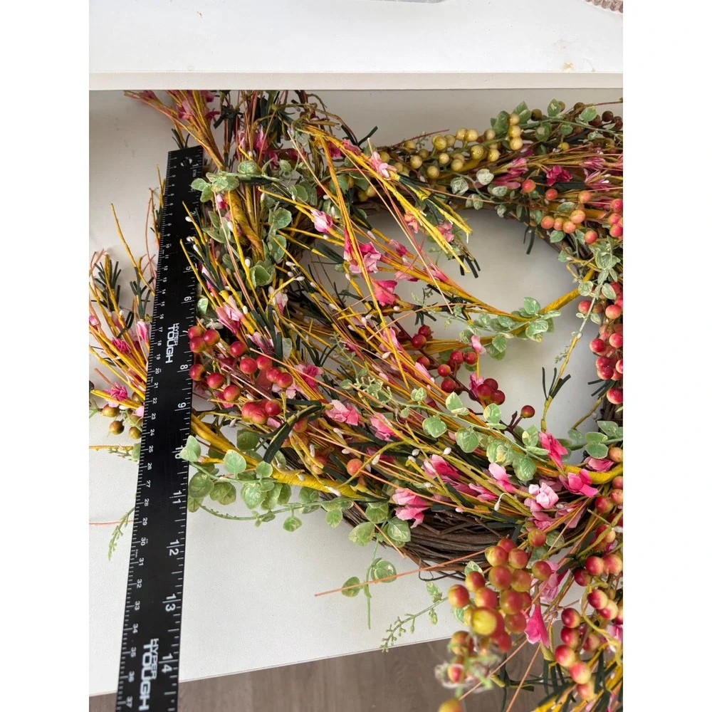Floral Berry Grapevine Wreath Pink Red Cream Spring Summer Door Decor 24 inch